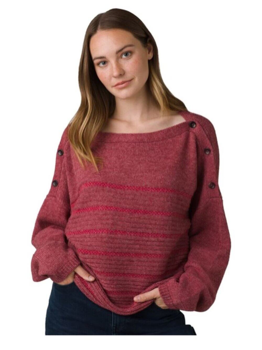 Prana Womens Oversized S Phono Sweater Red Pink Stripe Wool Blend Knit Cropped